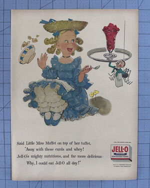 1955 Vintage Original Magazine Ad Jello Jell-o Nursery Rhyme Little Miss Muffet